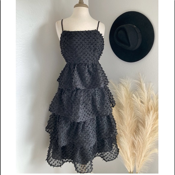 ❤️ Lulus Flirting with You Black Tiered Pom Pom Midi Dress - Picture 10 of 17